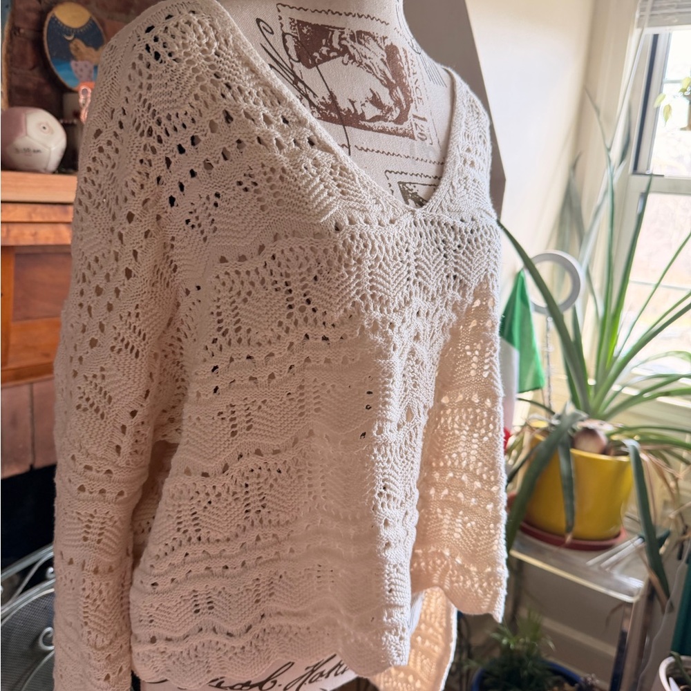 Sincerely Jules Cream Crochet Knit Sweater NWT Boho Chunky V-Neck Pullover